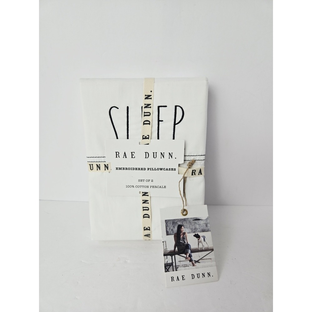 New Rae Dunn SLEEP White Cotton Percale Standard Pillowcases set of 2